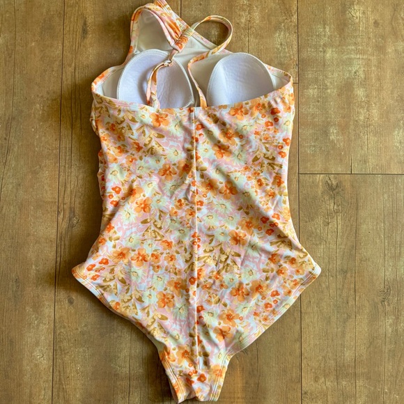 Kona Sol Floral One Piece Swimsuit Pink & Orange Floral One Shoulder Sz Medium - Picture 3 of 7